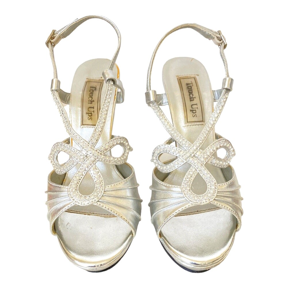 TOUCH UPS Size 6 Adjustable Strap Platform Heels Slingback Sandal Silver Evening